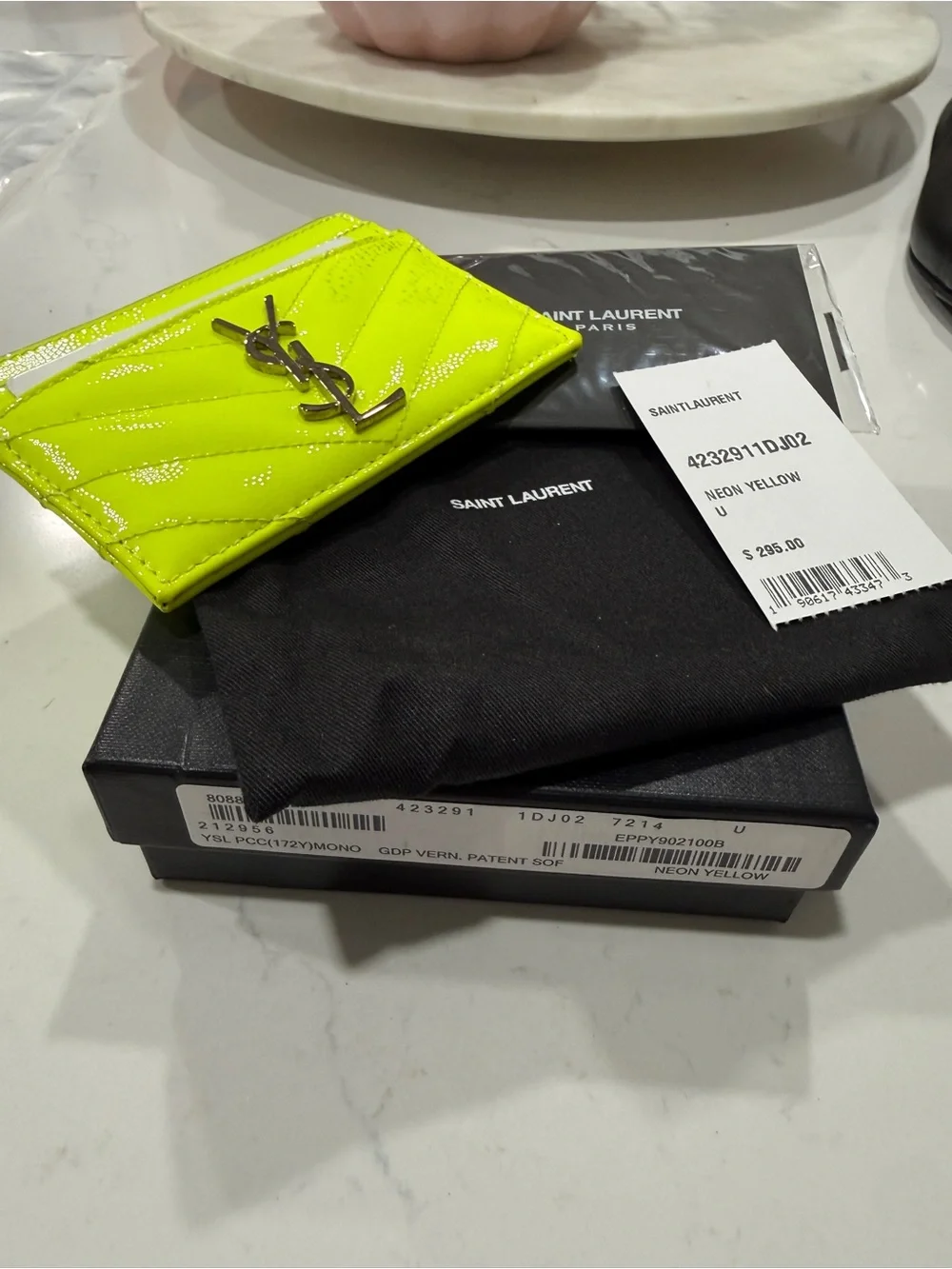 Authentic Saint Laurent Neon Yellow Quilted Patent Card Case with YSL Logo